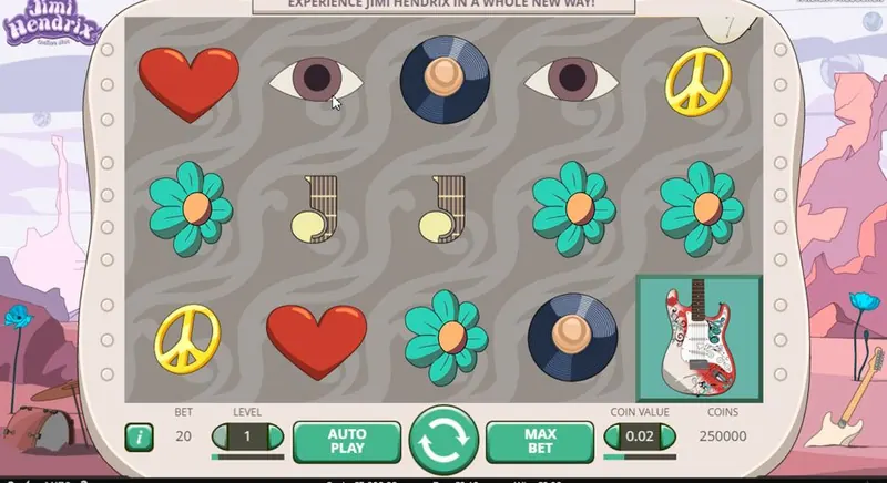 Jimi Hendrix slot gameplay in the flower-power respin style